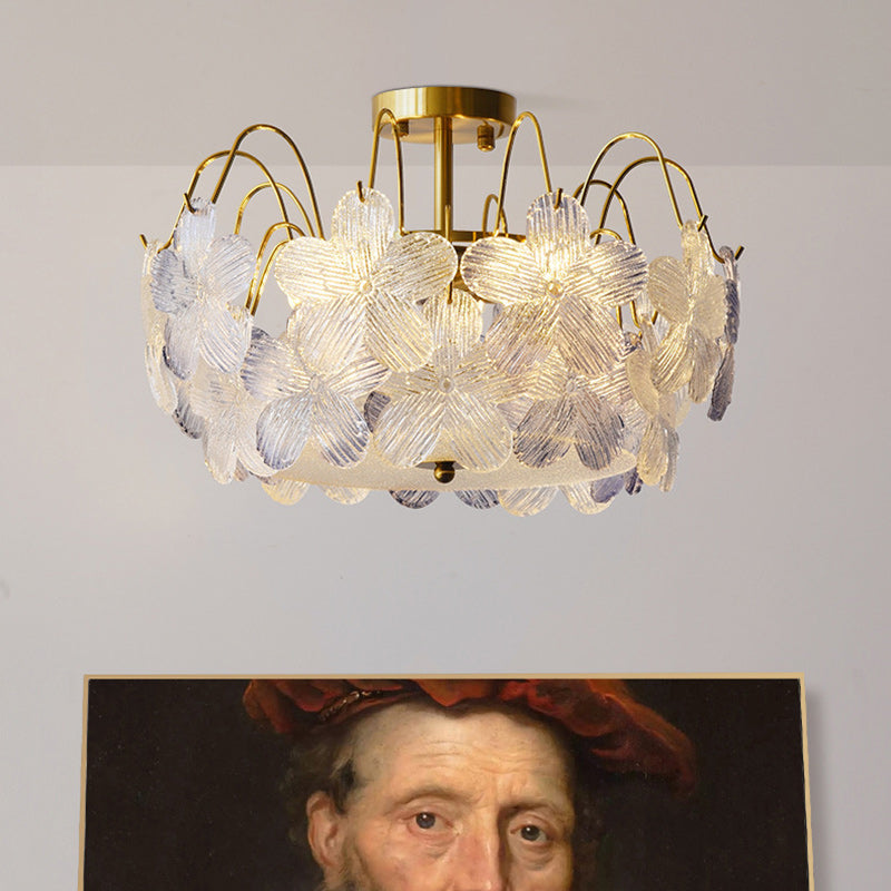 Plafonnier semi-encastré contemporain en fer et verre rond avec fleurs créatives 5/6 lumières pour salon 