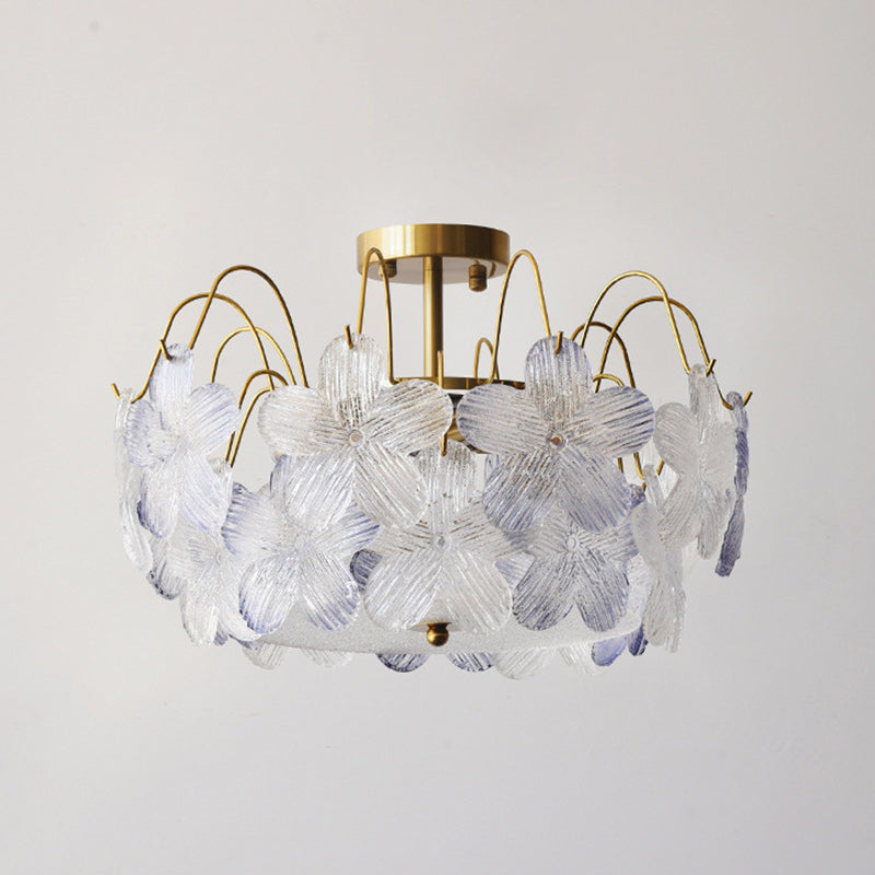 Plafonnier semi-encastré contemporain en fer et verre rond avec fleurs créatives 5/6 lumières pour salon 