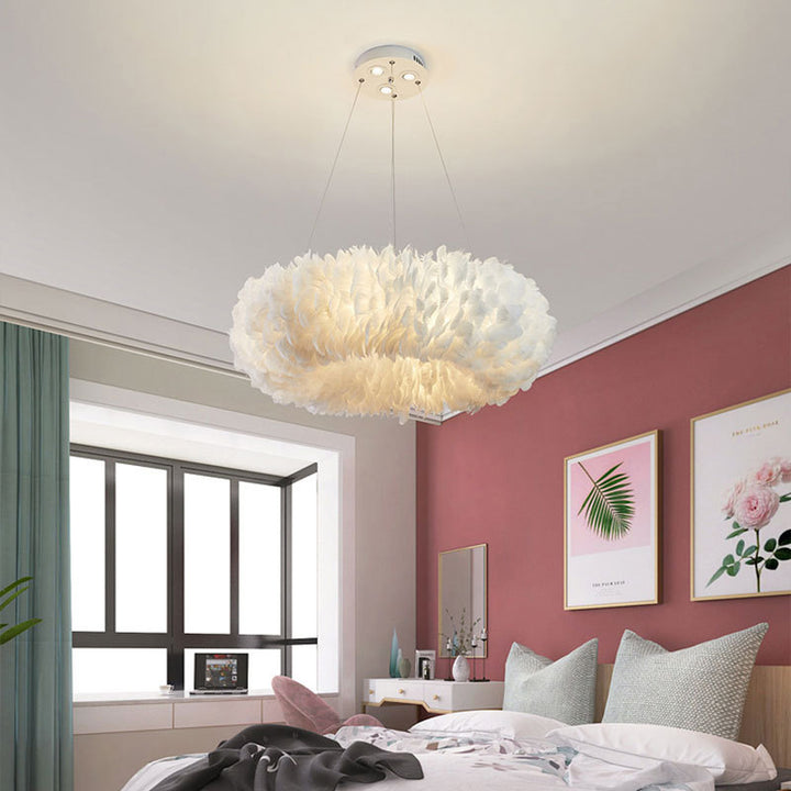 Lustre contemporain pour enfants avec abat-jour en plumes en fer à 6 lumières pour chambre 