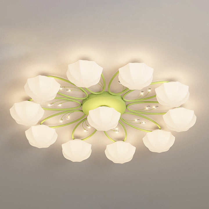 Contemporary Creative Cream Branch Flower Iron Glass 4/7/9/11 Light Semi-Flush Mount Ceiling Light For Living Room