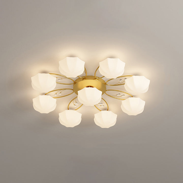 Contemporary Creative Cream Branch Flower Iron Glass 4/7/9/11 Light Semi-Flush Mount Ceiling Light For Living Room