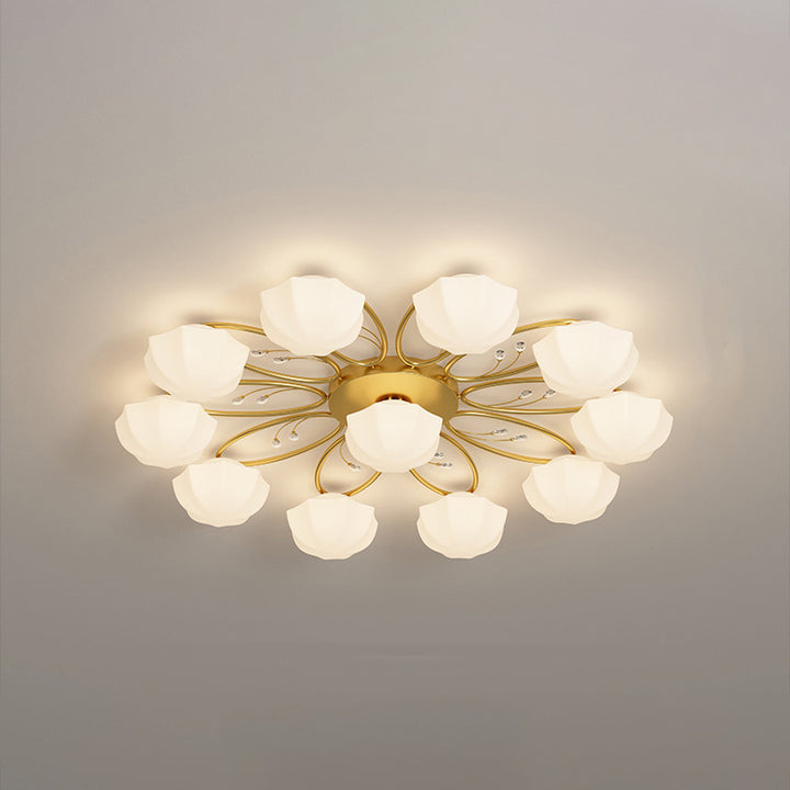 Contemporary Creative Cream Branch Flower Iron Glass 4/7/9/11 Light Semi-Flush Mount Ceiling Light For Living Room