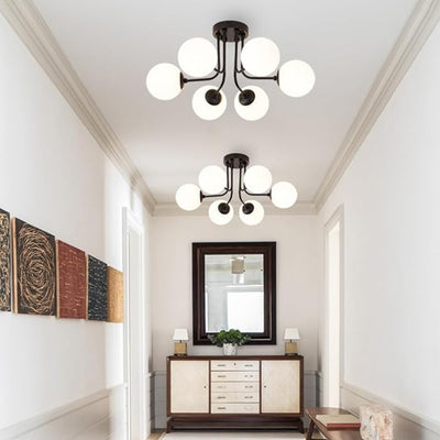 Lustre Plafonnier Semi-Encastré à 3/6 Lumières en Fer et Verre avec Boule Ronde et Tige Branche Minimaliste Moderne pour Salon 