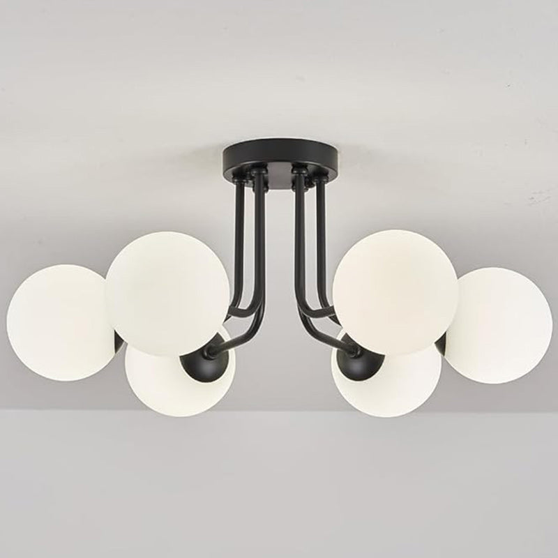 Lustre Plafonnier Semi-Encastré à 3/6 Lumières en Fer et Verre avec Boule Ronde et Tige Branche Minimaliste Moderne pour Salon 