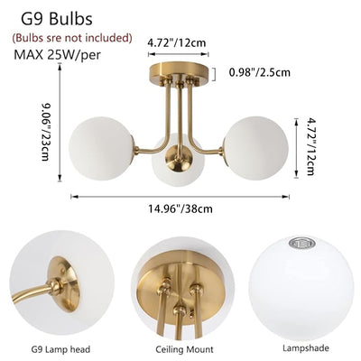 Lustre Plafonnier Semi-Encastré à 3/6 Lumières en Fer et Verre avec Boule Ronde et Tige Branche Minimaliste Moderne pour Salon 