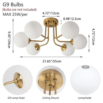 Lustre Plafonnier Semi-Encastré à 3/6 Lumières en Fer et Verre avec Boule Ronde et Tige Branche Minimaliste Moderne pour Salon 
