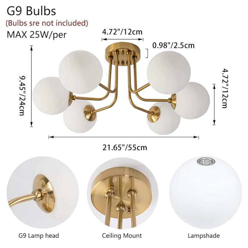 Lustre Plafonnier Semi-Encastré à 3/6 Lumières en Fer et Verre avec Boule Ronde et Tige Branche Minimaliste Moderne pour Salon 