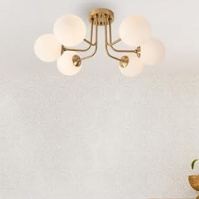 Lustre Plafonnier Semi-Encastré à 3/6 Lumières en Fer et Verre avec Boule Ronde et Tige Branche Minimaliste Moderne pour Salon 