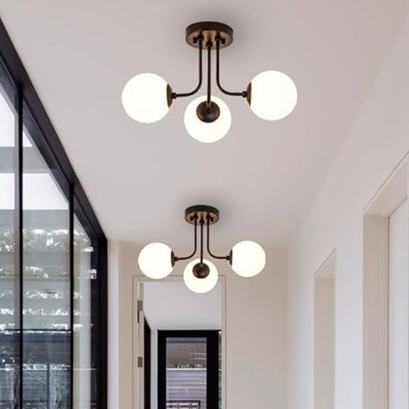 Lustre Plafonnier Semi-Encastré à 3/6 Lumières en Fer et Verre avec Boule Ronde et Tige Branche Minimaliste Moderne pour Salon 
