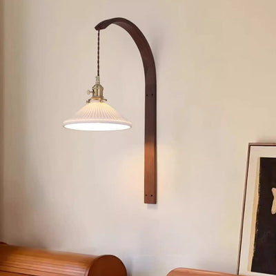 Traditionelle japanische lange runde konische Keramik Schatten Holz 1-Licht Wandleuchte Lampe für Wohnzimmer 