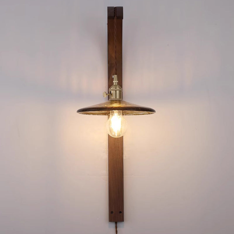 Traditionelle japanische lange runde konische Keramik Schatten Holz 1-Licht Wandleuchte Lampe für Wohnzimmer 