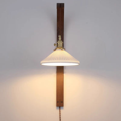 Traditionelle japanische lange runde konische Keramik Schatten Holz 1-Licht Wandleuchte Lampe für Wohnzimmer 