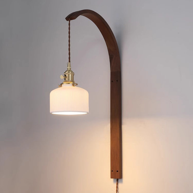 Traditionelle japanische lange runde konische Keramik Schatten Holz 1-Licht Wandleuchte Lampe für Wohnzimmer 