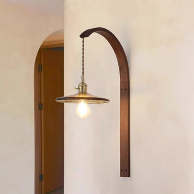 Traditionelle japanische lange runde konische Keramik Schatten Holz 1-Licht Wandleuchte Lampe für Wohnzimmer 