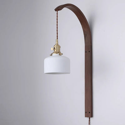Traditionelle japanische lange runde konische Keramik Schatten Holz 1-Licht Wandleuchte Lampe für Wohnzimmer 