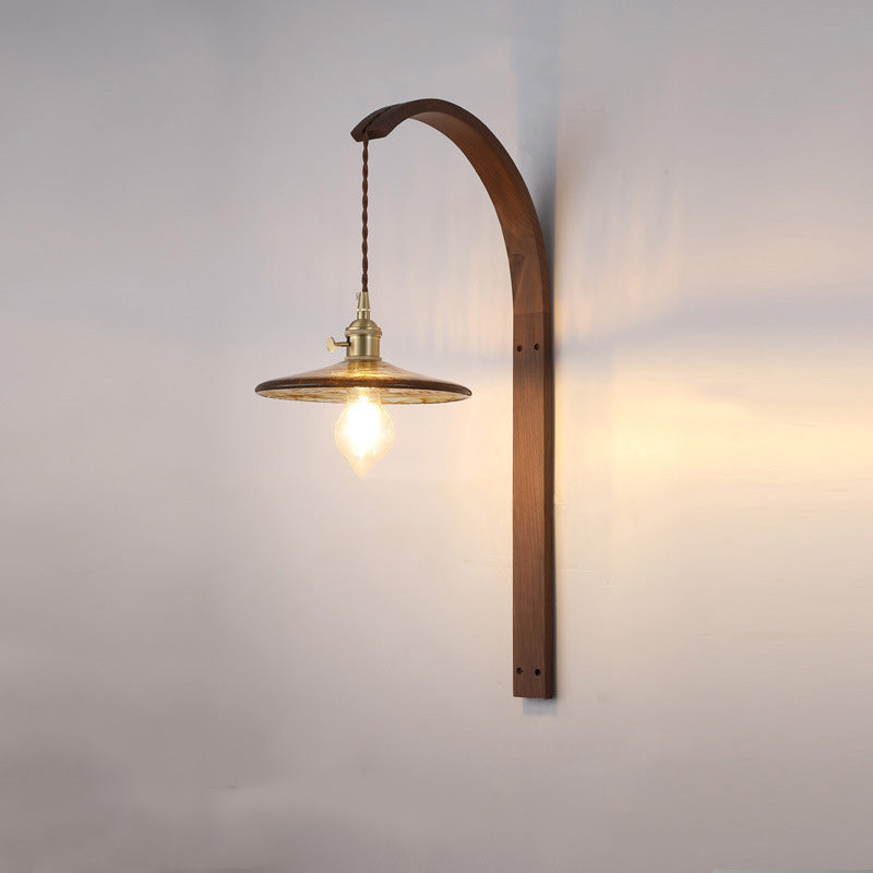 Traditionelle japanische lange runde konische Keramik Schatten Holz 1-Licht Wandleuchte Lampe für Wohnzimmer 