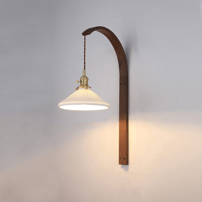 Traditionelle japanische lange runde konische Keramik Schatten Holz 1-Licht Wandleuchte Lampe für Wohnzimmer 
