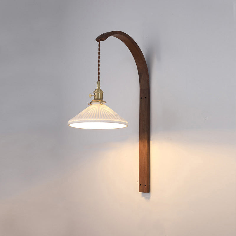 Traditionelle japanische lange runde konische Keramik Schatten Holz 1-Licht Wandleuchte Lampe für Wohnzimmer 