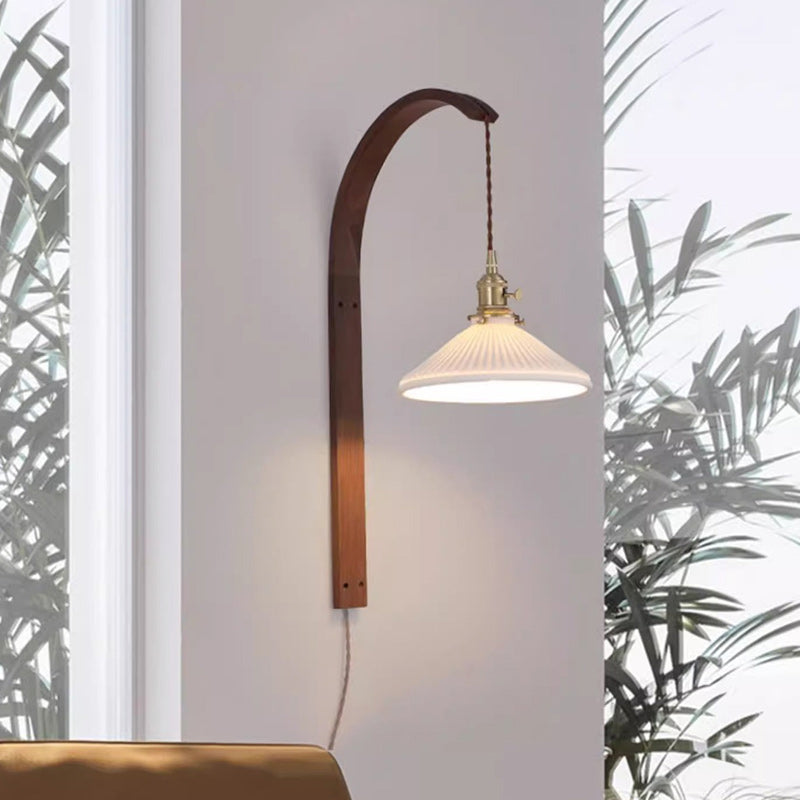 Traditionelle japanische lange runde konische Keramik Schatten Holz 1-Licht Wandleuchte Lampe für Wohnzimmer 