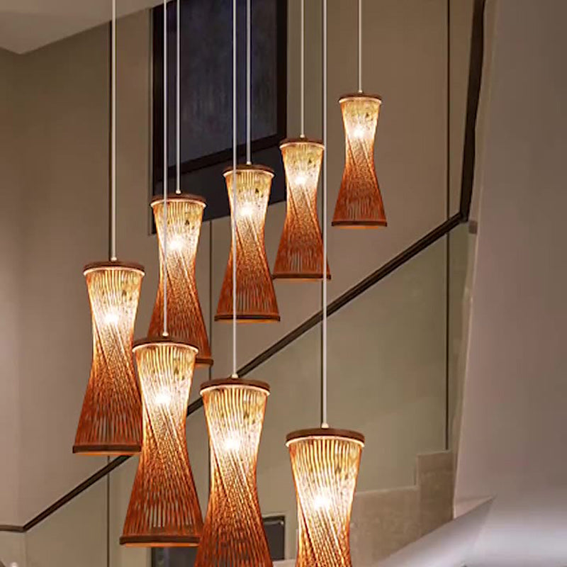 Traditionelle chinesische zylindrische ausgehöhlte Bambusweberei Schatten 1-Licht Pendelleuchte für Wohnzimmer 
