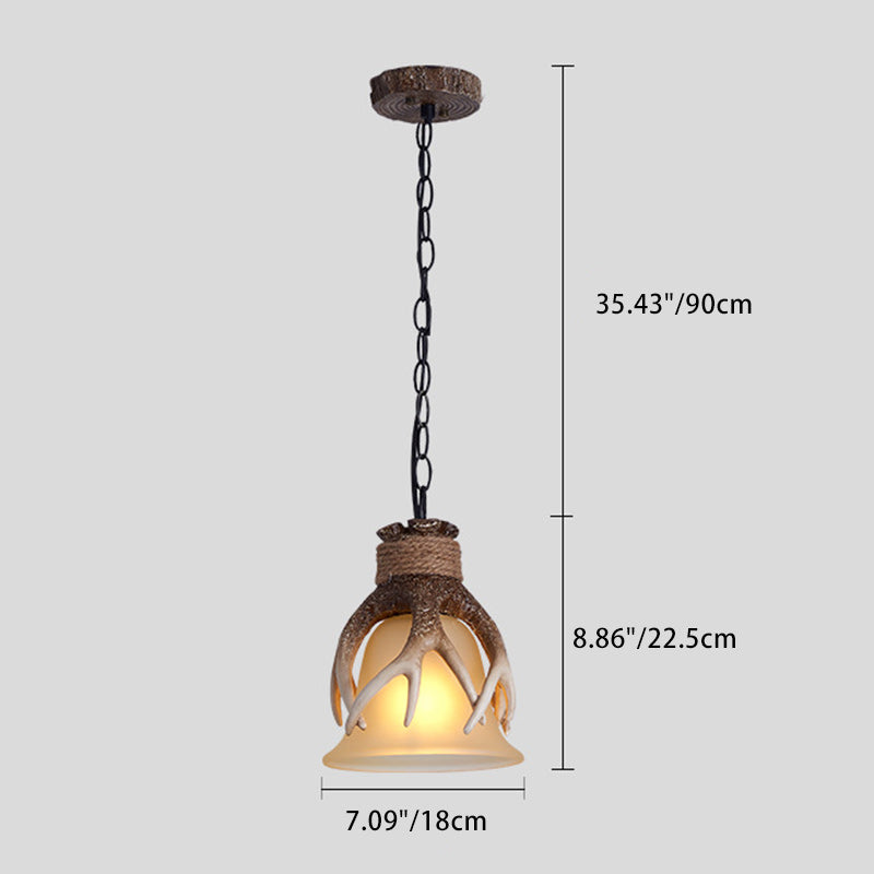 Traditionelle Vintage Geweih Harz Glas Schatten 1-Licht Pendelleuchte für Wohnzimmer 