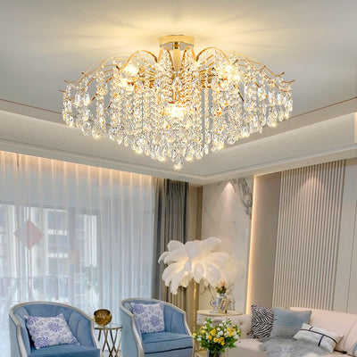 Lustre Moderne de Luxe Rond Branche Cristal Chaîne Fer 6/10/12/14 Lumières pour Salon 