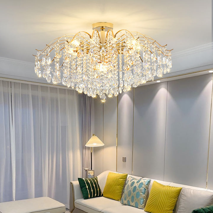 Lustre Moderne de Luxe Rond Branche Cristal Chaîne Fer 6/10/12/14 Lumières pour Salon 