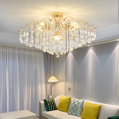 Lustre Moderne de Luxe Rond Branche Cristal Chaîne Fer 6/10/12/14 Lumières pour Salon 