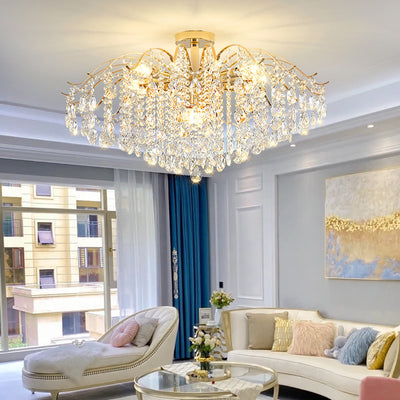 Lustre Moderne de Luxe Rond Branche Cristal Chaîne Fer 6/10/12/14 Lumières pour Salon 