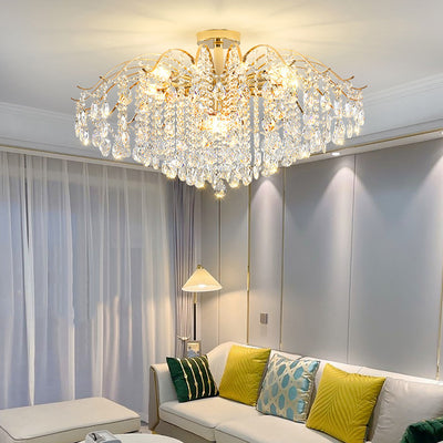 Lustre Moderne de Luxe Rond Branche Cristal Chaîne Fer 6/10/12/14 Lumières pour Salon 