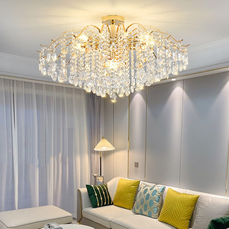 Lustre Moderne de Luxe Rond Branche Cristal Chaîne Fer 6/10/12/14 Lumières pour Salon 