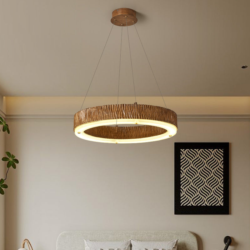 Candelabro LED de acrílico de fibra de vidrio de hierro con acabado de madera redondo contemporáneo nórdico para sala de estar 