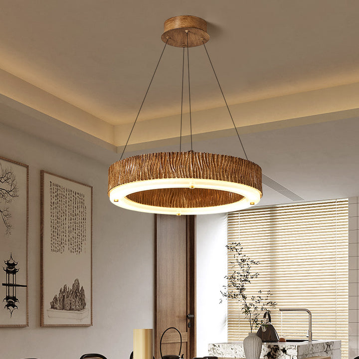 Candelabro LED de acrílico de fibra de vidrio de hierro con acabado de madera redondo contemporáneo nórdico para sala de estar 
