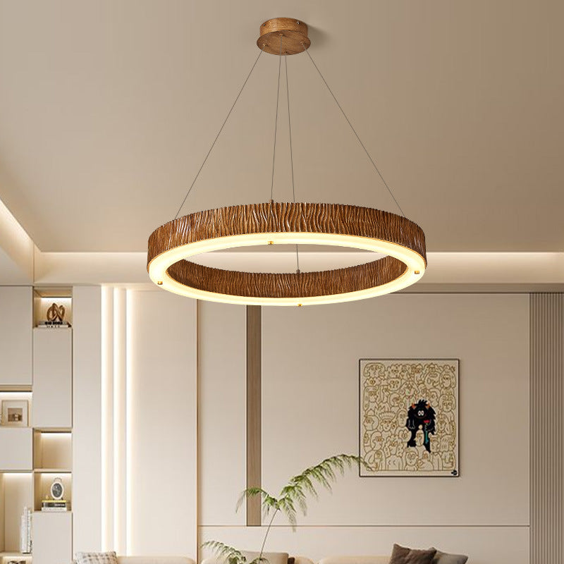Candelabro LED de acrílico de fibra de vidrio de hierro con acabado de madera redondo contemporáneo nórdico para sala de estar 