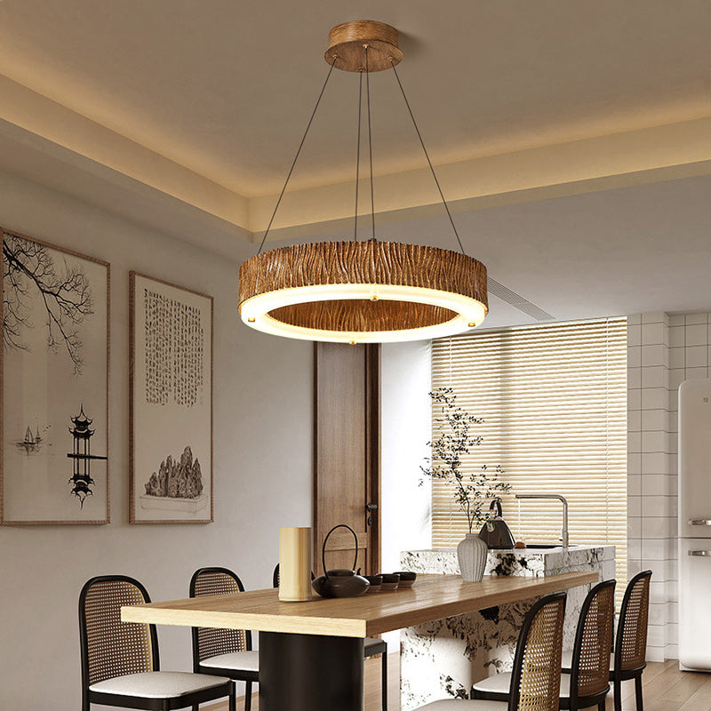 Candelabro LED de acrílico de fibra de vidrio de hierro con acabado de madera redondo contemporáneo nórdico para sala de estar 