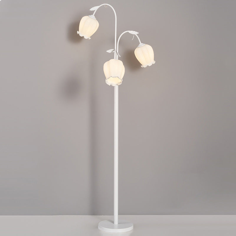 Lampadaire moderne minimaliste avec longue fleur, cadre en fer, abat-jour en verre, 2/3 lumières pour salon 