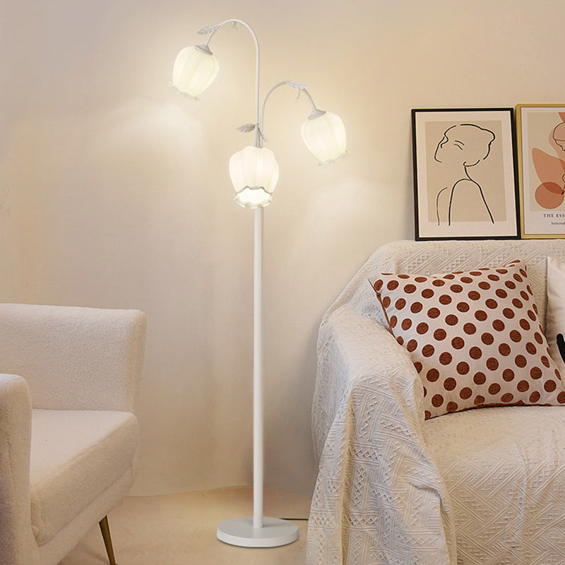 Lampadaire moderne minimaliste avec longue fleur, cadre en fer, abat-jour en verre, 2/3 lumières pour salon 