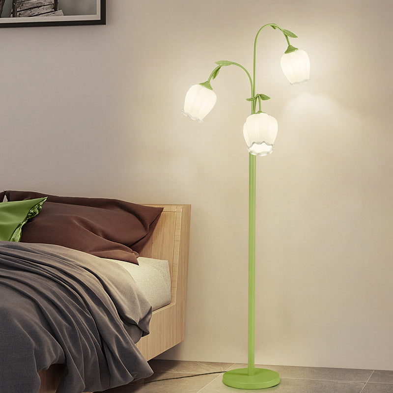 Lampadaire moderne minimaliste avec longue fleur, cadre en fer, abat-jour en verre, 2/3 lumières pour salon 