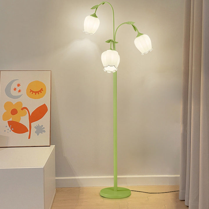 Lampadaire moderne minimaliste avec longue fleur, cadre en fer, abat-jour en verre, 2/3 lumières pour salon 