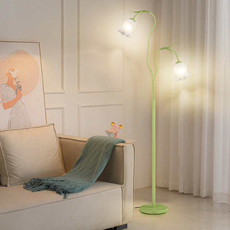 Lampadaire moderne minimaliste avec longue fleur, cadre en fer, abat-jour en verre, 2/3 lumières pour salon 