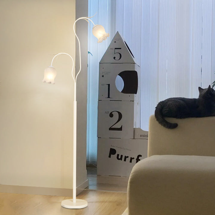Lampadaire moderne minimaliste avec longue fleur, cadre en fer, abat-jour en verre, 2/3 lumières pour salon 