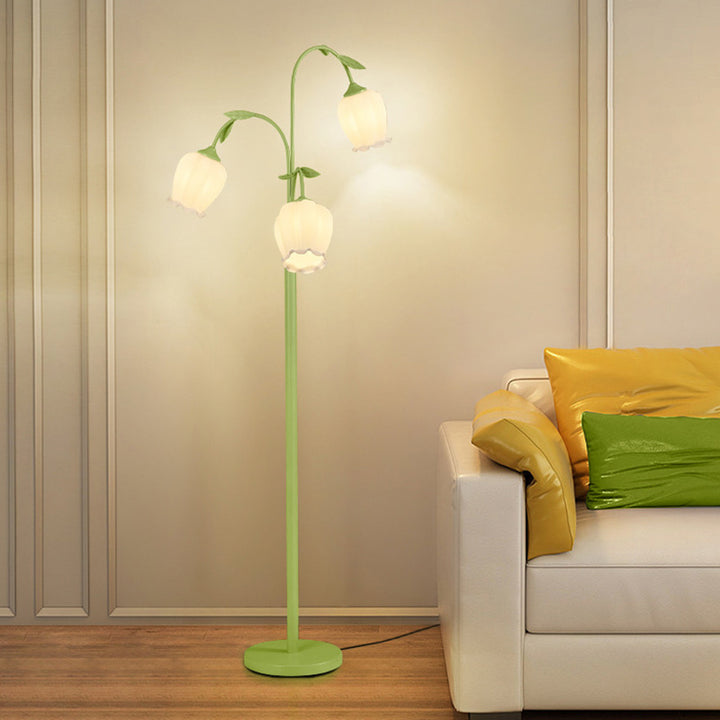 Lampadaire moderne minimaliste avec longue fleur, cadre en fer, abat-jour en verre, 2/3 lumières pour salon 