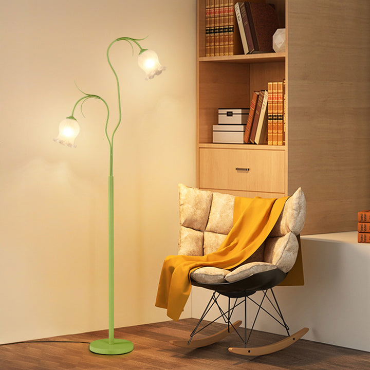 Lampadaire moderne minimaliste avec longue fleur, cadre en fer, abat-jour en verre, 2/3 lumières pour salon 