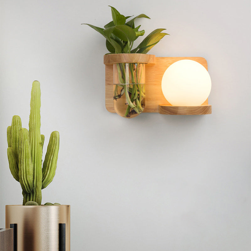 Applique Murale 1 Lumière Moderne Minimaliste en Bois avec Abat-Jour en Verre Rond et Cylindrique pour Salon 