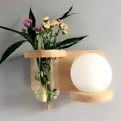 Applique Murale 1 Lumière Moderne Minimaliste en Bois avec Abat-Jour en Verre Rond et Cylindrique pour Salon 