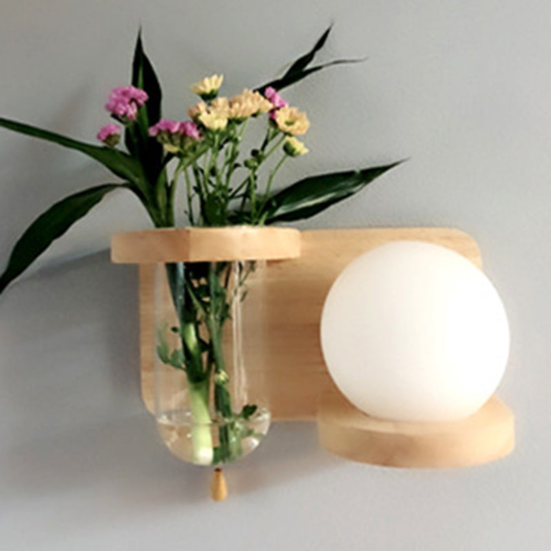 Applique Murale 1 Lumière Moderne Minimaliste en Bois avec Abat-Jour en Verre Rond et Cylindrique pour Salon 