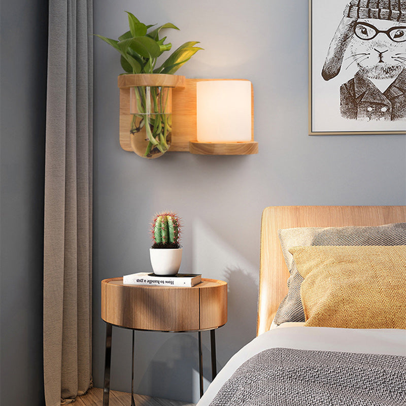 Applique Murale 1 Lumière Moderne Minimaliste en Bois avec Abat-Jour en Verre Rond et Cylindrique pour Salon 