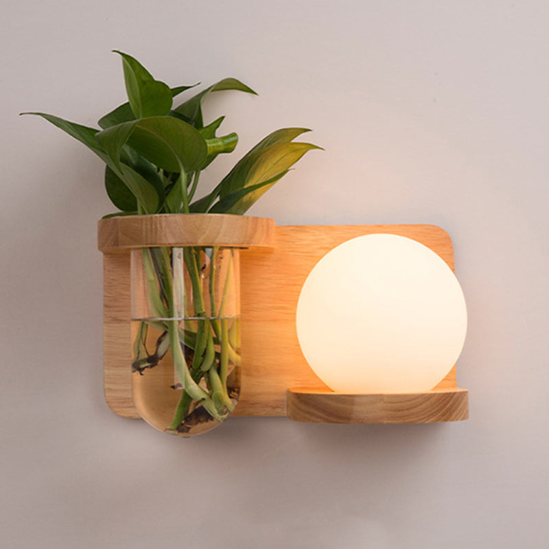 Applique Murale 1 Lumière Moderne Minimaliste en Bois avec Abat-Jour en Verre Rond et Cylindrique pour Salon 