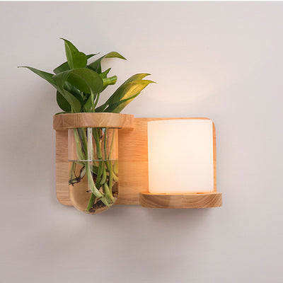 Applique Murale 1 Lumière Moderne Minimaliste en Bois avec Abat-Jour en Verre Rond et Cylindrique pour Salon 