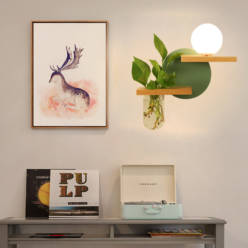 Applique murale 1 lumière en verre, bois et fer avec vase rond orbe de simplicité moderne pour salon 